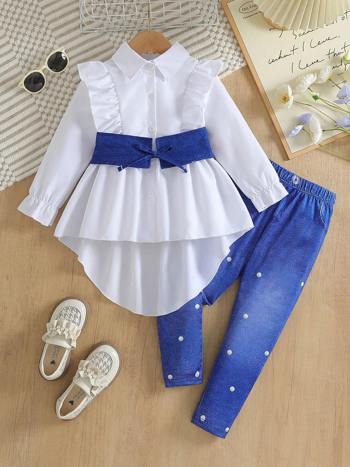 2pcs/Set Little Girls Trendy Stylish Solid Color Lapel Long Sleeve Shirt Blouse + Comfy Slim Fit Pants Blue