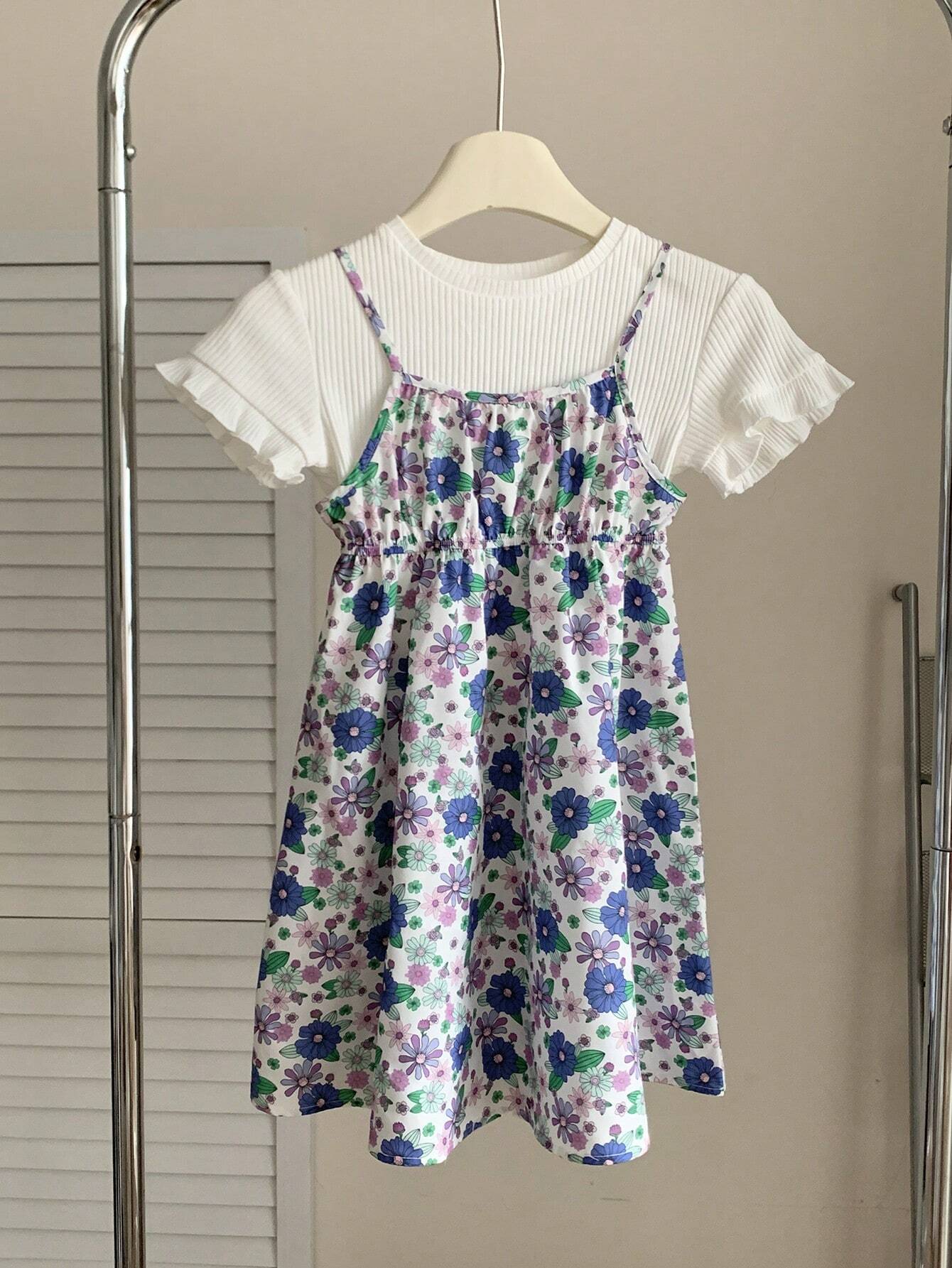 Young Girl Knitted Solid Color Round Neck Casual T-Shirt And Woven Floral Strappy Waist Dress Purple