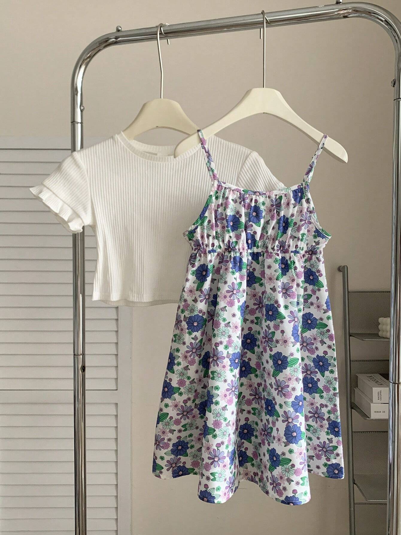 Young Girl Knitted Solid Color Round Neck Casual T-Shirt And Woven Floral Strappy Waist Dress