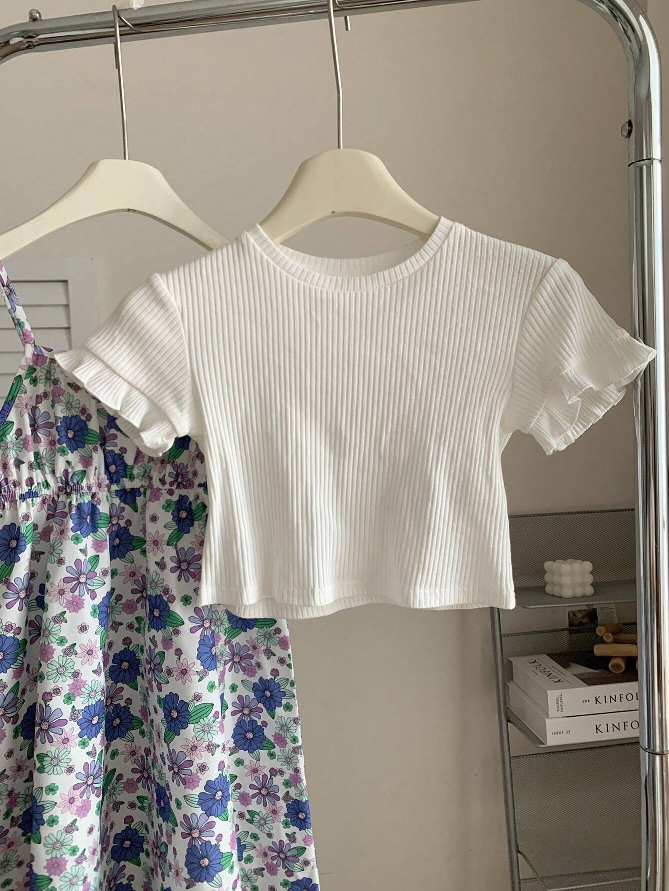 Young Girl Knitted Solid Color Round Neck Casual T-Shirt And Woven Floral Strappy Waist Dress