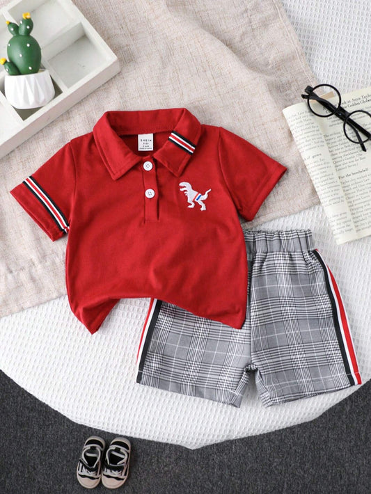 2pcs Baby Boy Casual Striped Dino Embroidery Polo Shirt And Plaid Shorts Red