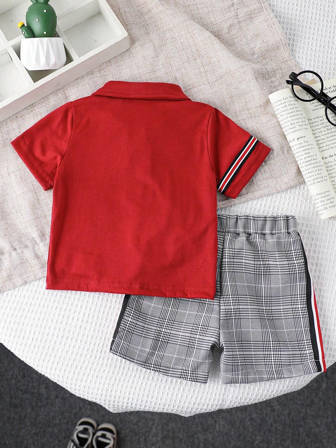 2pcs Baby Boy Casual Striped Dino Embroidery Polo Shirt And Plaid Shorts