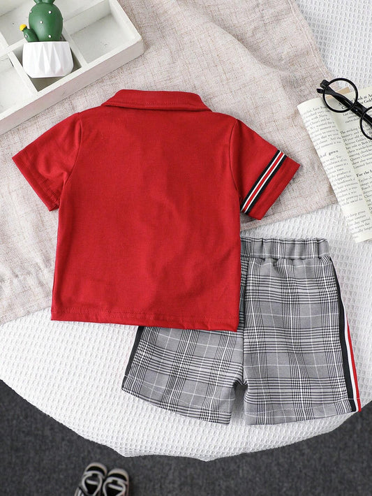 2pcs Baby Boy Casual Striped Dino Embroidery Polo Shirt And Plaid Shorts