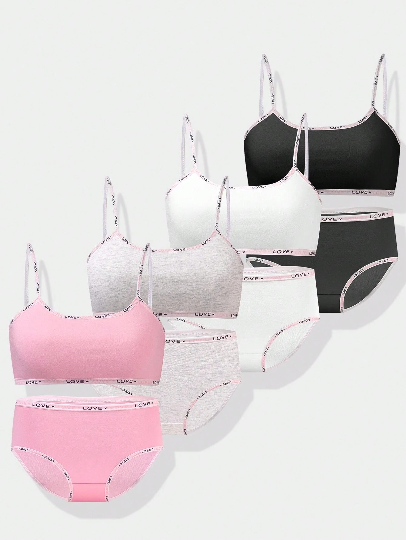 Tween Girl Simple Solid Color Fashion Wire-Free Camisole Bra & Breathable Triangle Panties Multicolor