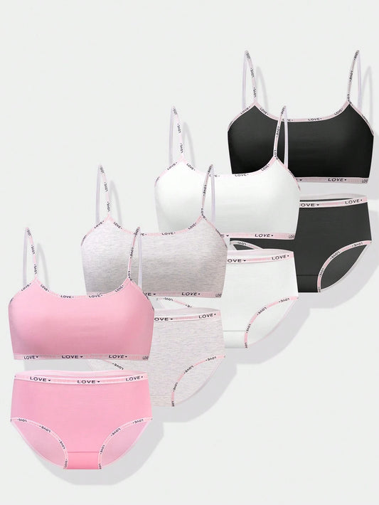 Tween Girl Simple Solid Color Fashion Wire-Free Camisole Bra & Breathable Triangle Panties Multicolor