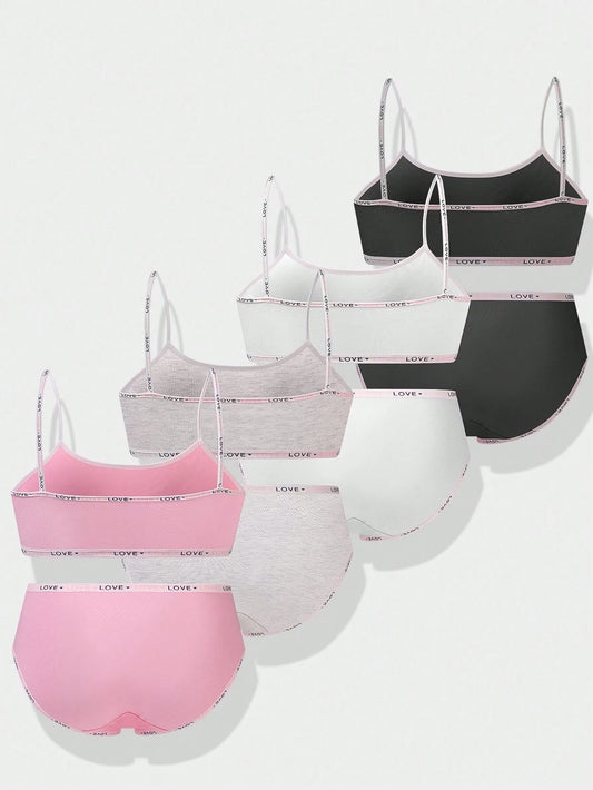 Tween Girl Simple Solid Color Fashion Wire-Free Camisole Bra & Breathable Triangle Panties