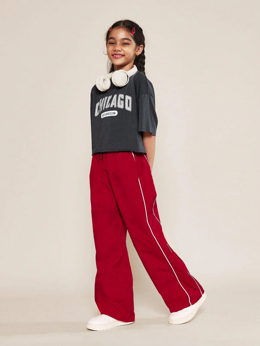 Tween Girls Crop Fit Tee With Chicago Graphic Print And Nylon Red Pant Red
