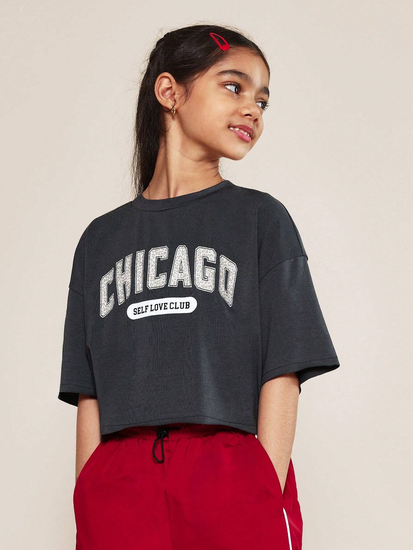 Tween Girls Crop Fit Tee With Chicago Graphic Print And Nylon Red Pant