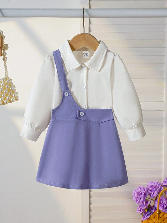 2pcs/Set Baby Girl Casual Versatile Everyday Shirt And Sling Strap Dress Suit Purple