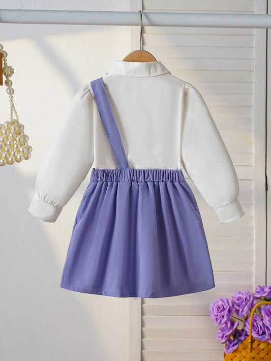 2pcs/Set Baby Girl Casual Versatile Everyday Shirt And Sling Strap Dress Suit