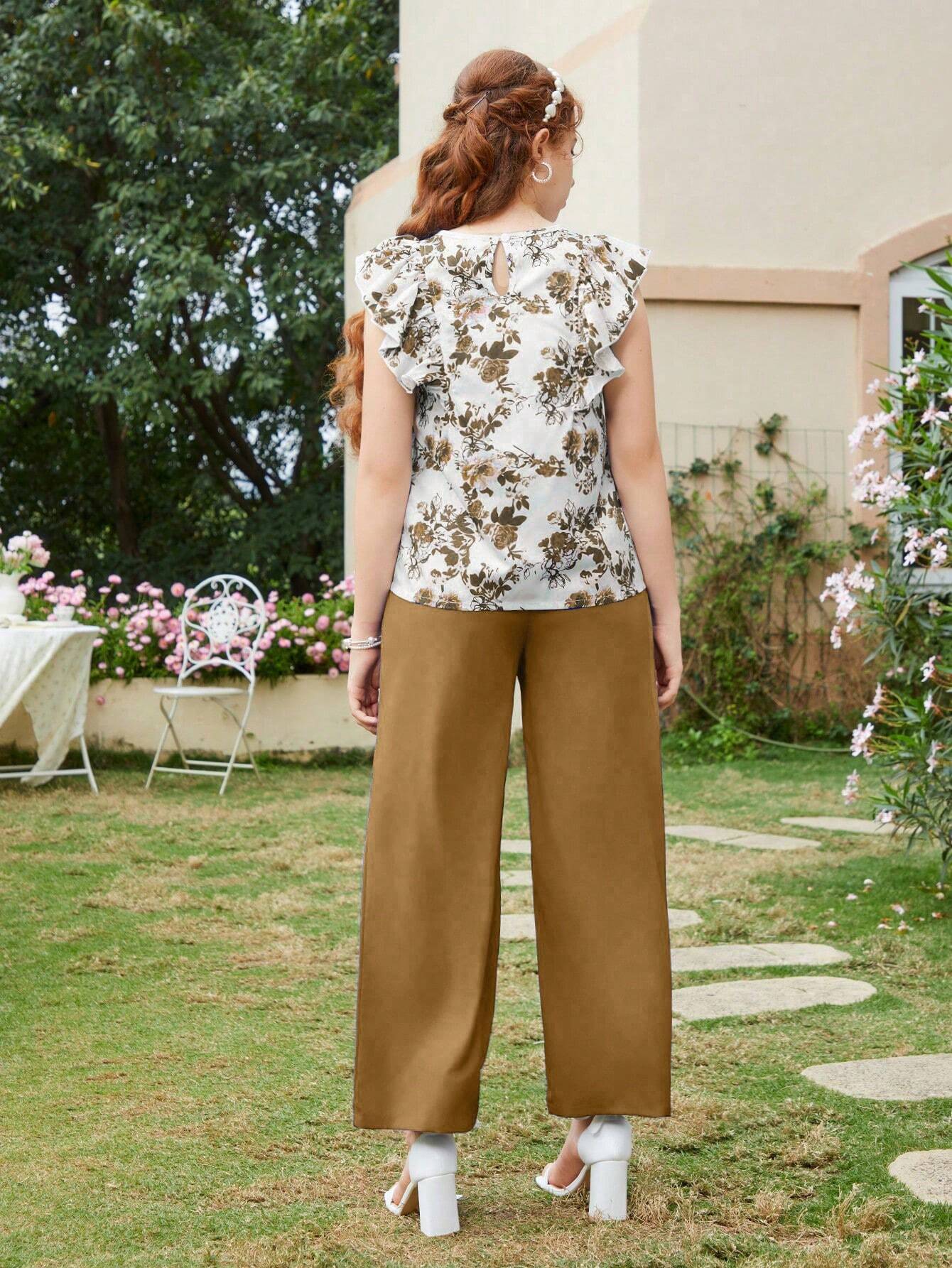 Teen Girl All Over Printed Round Neck Cap Sleeve Ruffle Trim Top And Trousers