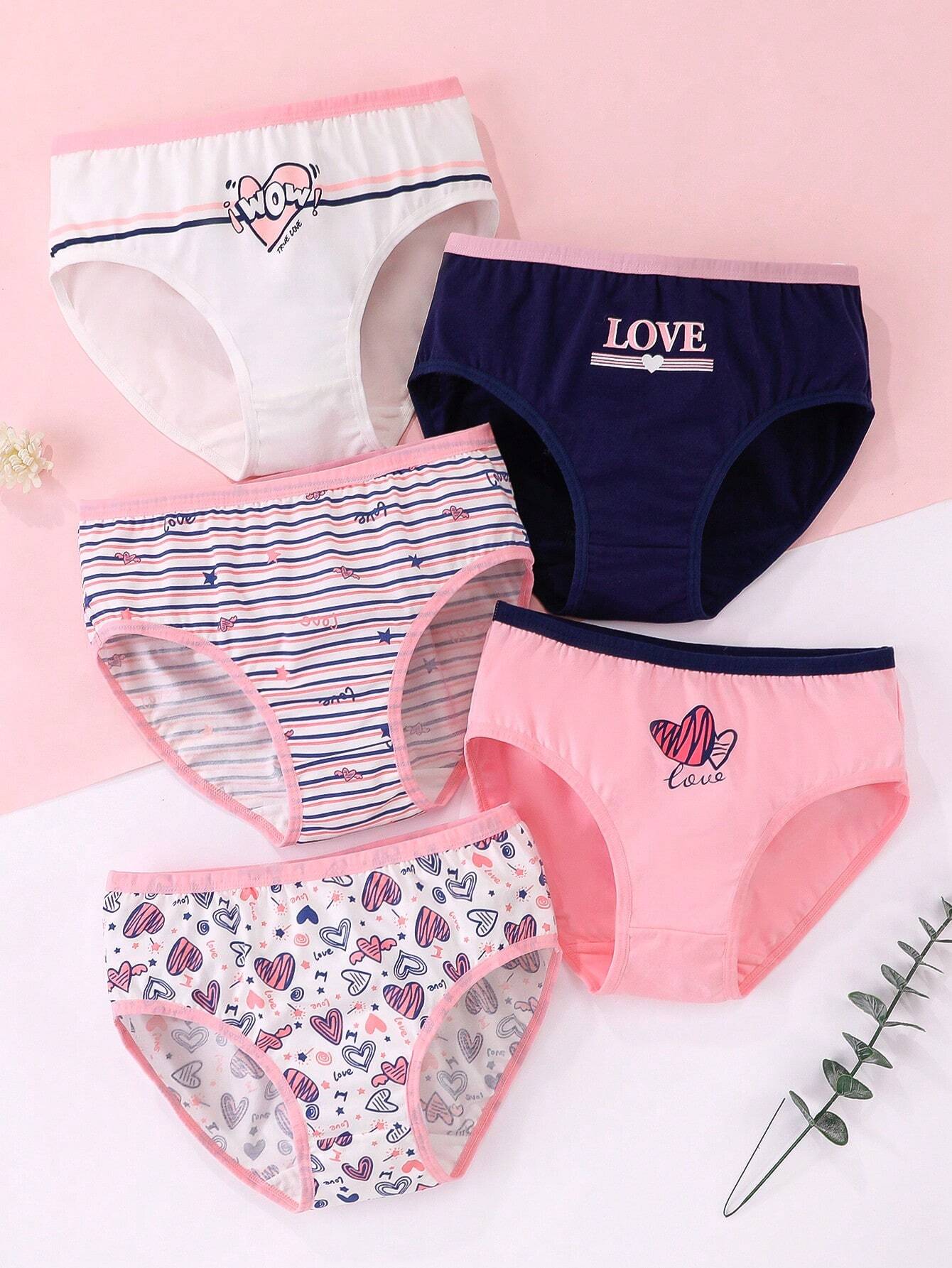 Tween Girl 5pcs Striped & Heart Print Contrast Binding Brief Baby Pink