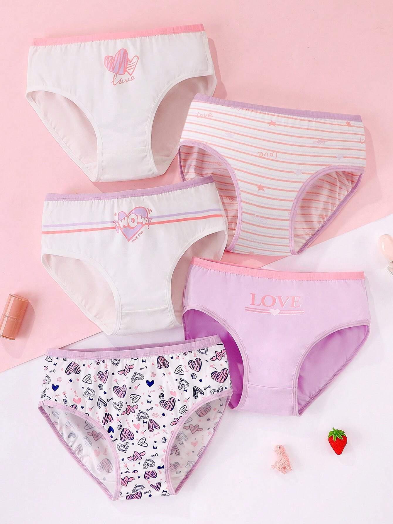 Tween Girl 5pcs Striped & Heart Print Contrast Binding Brief Mauve Purple