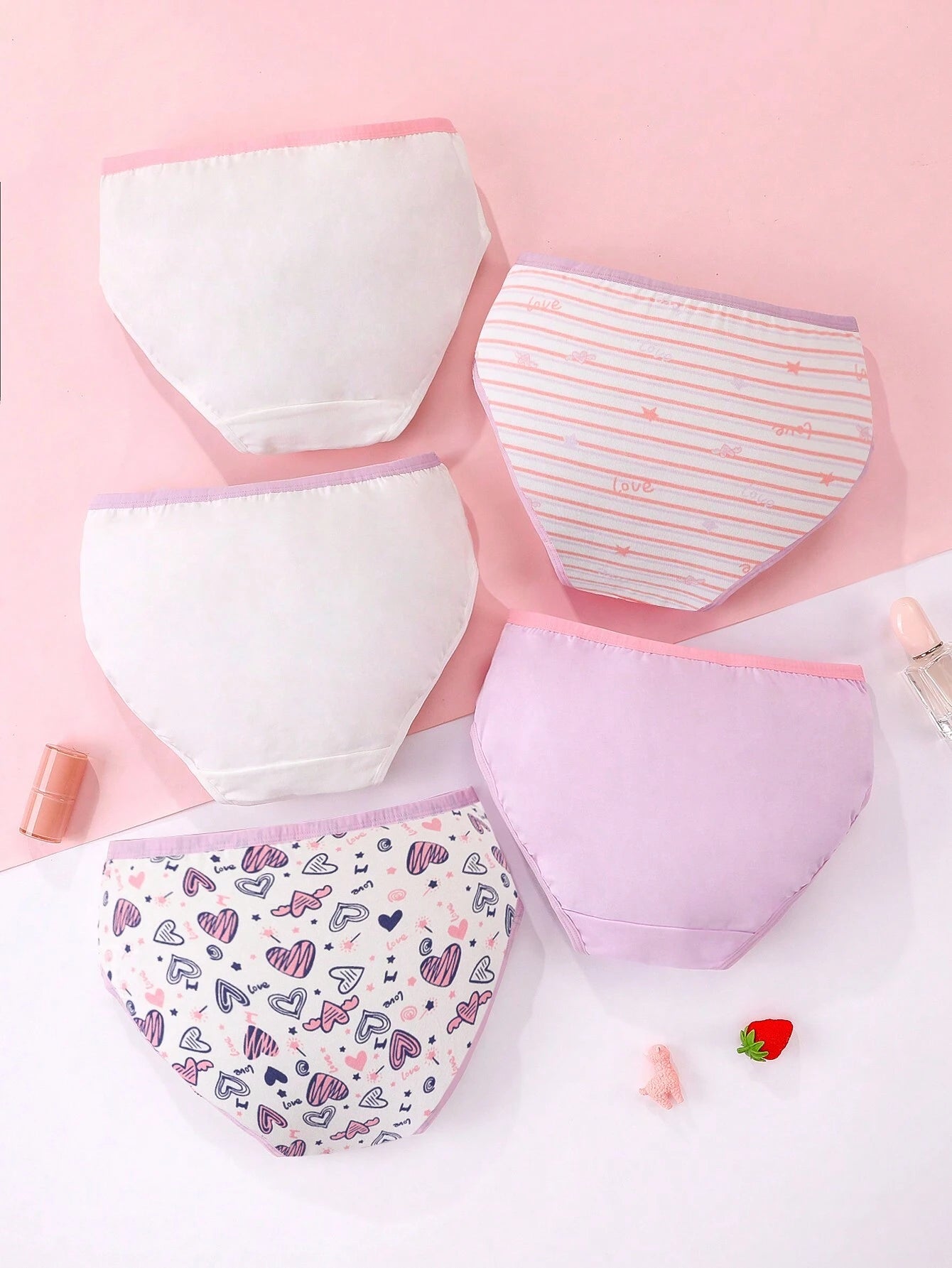 Tween Girl 5pcs Striped & Heart Print Contrast Binding Brief