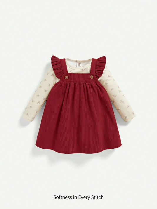 Cozy Pixies 2pcs Baby Girl Cartoon Print Crew Neck Long Sleeve Top And Ruffle Strap Dress Set Red 2-3Y