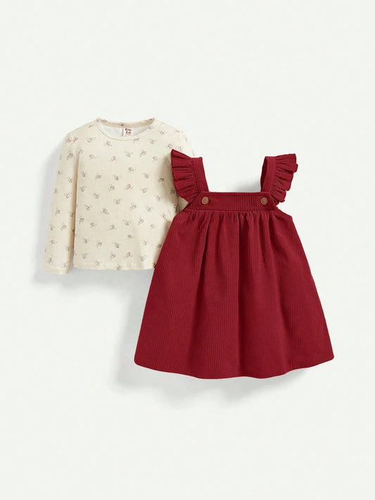 Cozy Pixies 2pcs Baby Girl Cartoon Print Crew Neck Long Sleeve Top And Ruffle Strap Dress Set
