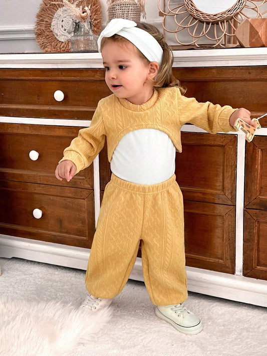 Wildeya Babygirl 3pcs Set Texture Detail Yellow Top Ginger