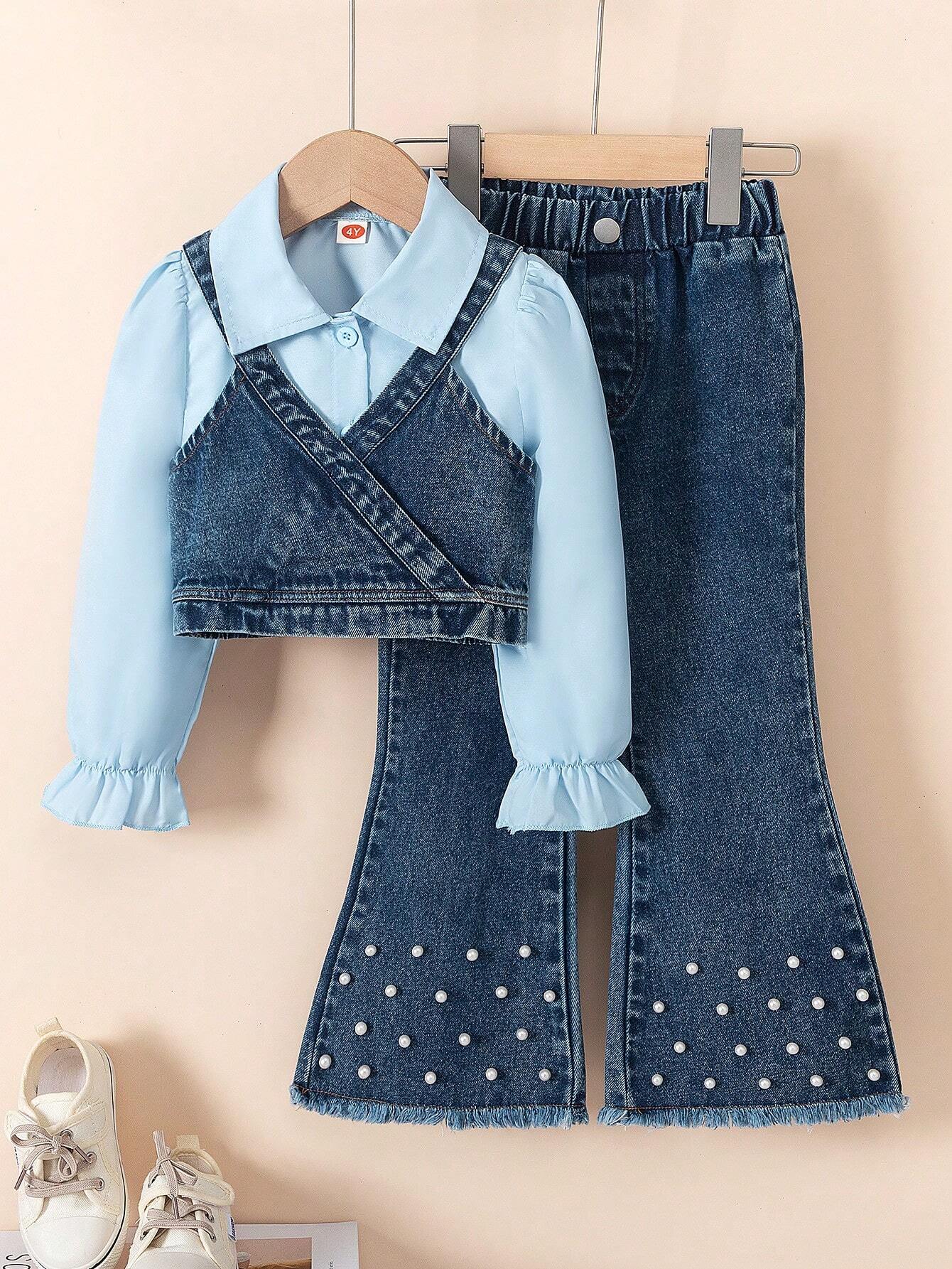 3pcs/Set Young Girl' Fashion Solid Color Long Sleeve Shirt + Denim Suspender Vest + Studded Denim Long Pants Blue