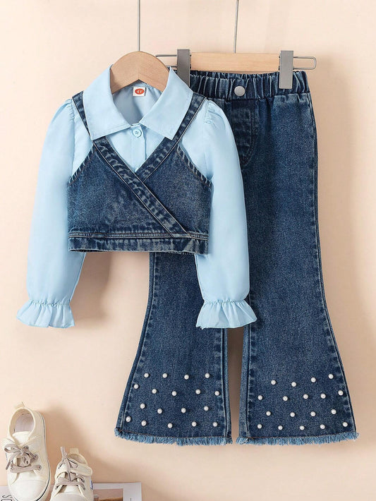3pcs/Set Young Girl' Fashion Solid Color Long Sleeve Shirt + Denim Suspender Vest + Studded Denim Long Pants Blue