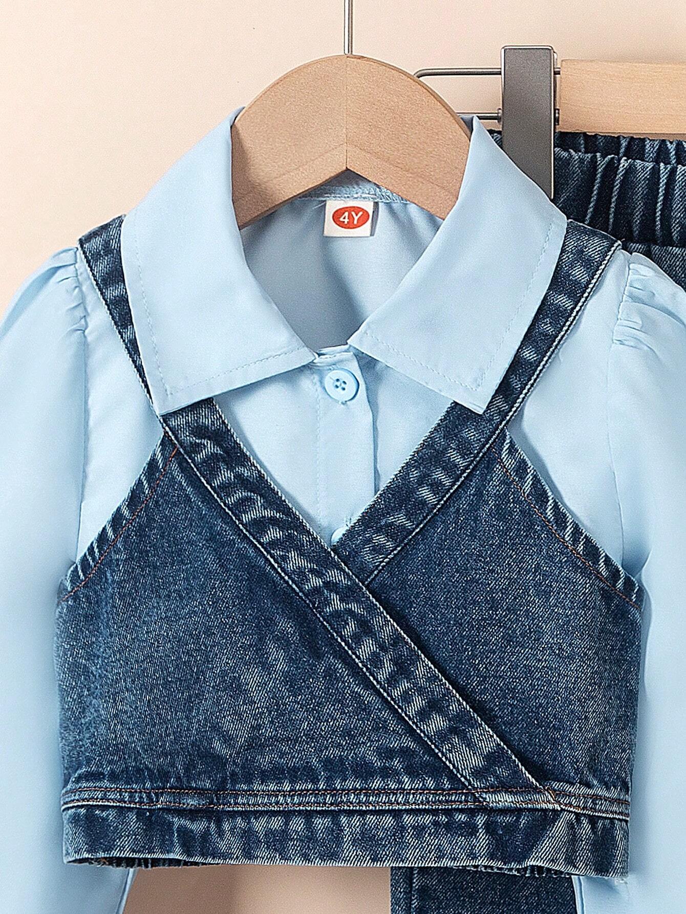 3pcs/Set Young Girl' Fashion Solid Color Long Sleeve Shirt + Denim Suspender Vest + Studded Denim Long Pants