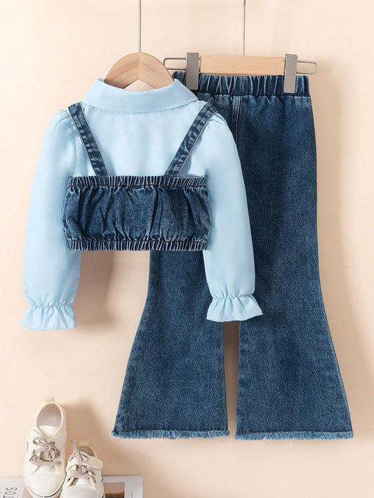3pcs/Set Young Girl' Fashion Solid Color Long Sleeve Shirt + Denim Suspender Vest + Studded Denim Long Pants
