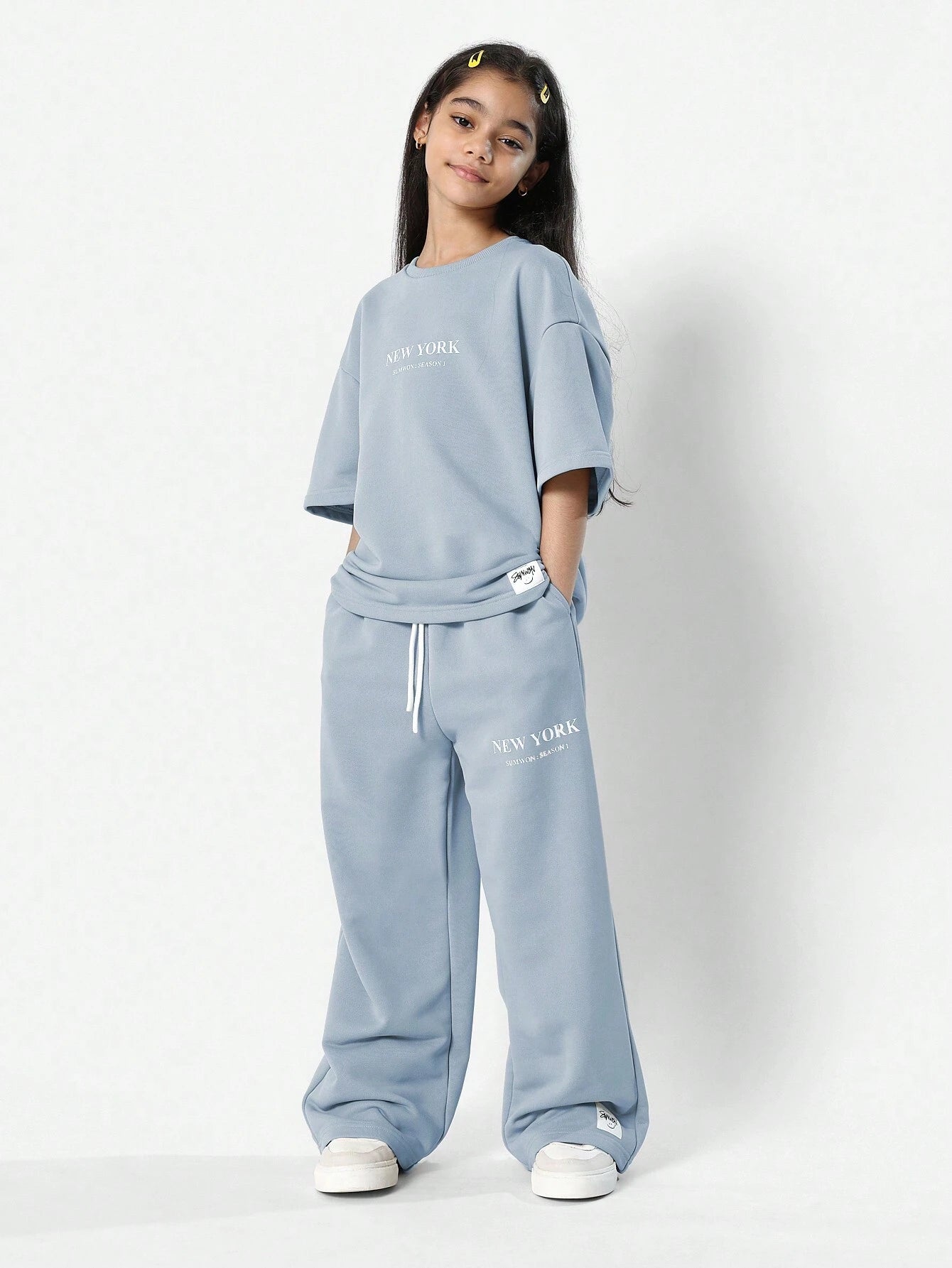 Tween Girls Everyday Oversized Tee And Loose Fit Jogger With New York Graphic Print Blue