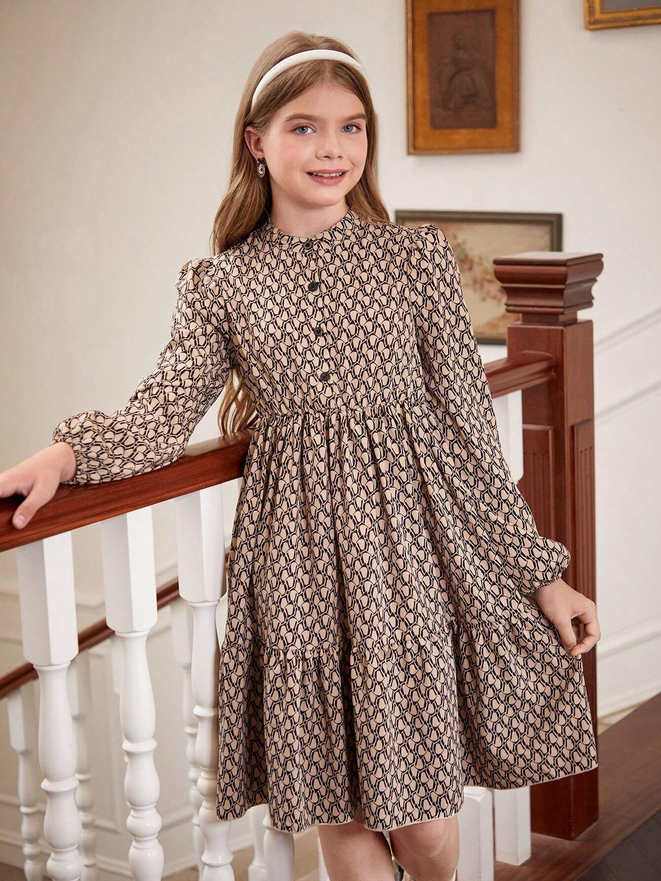 Tween Girl Ditsy Floral Puff Sleeve Long Sleeve Holiday Dress Without Belt Multicolor 2