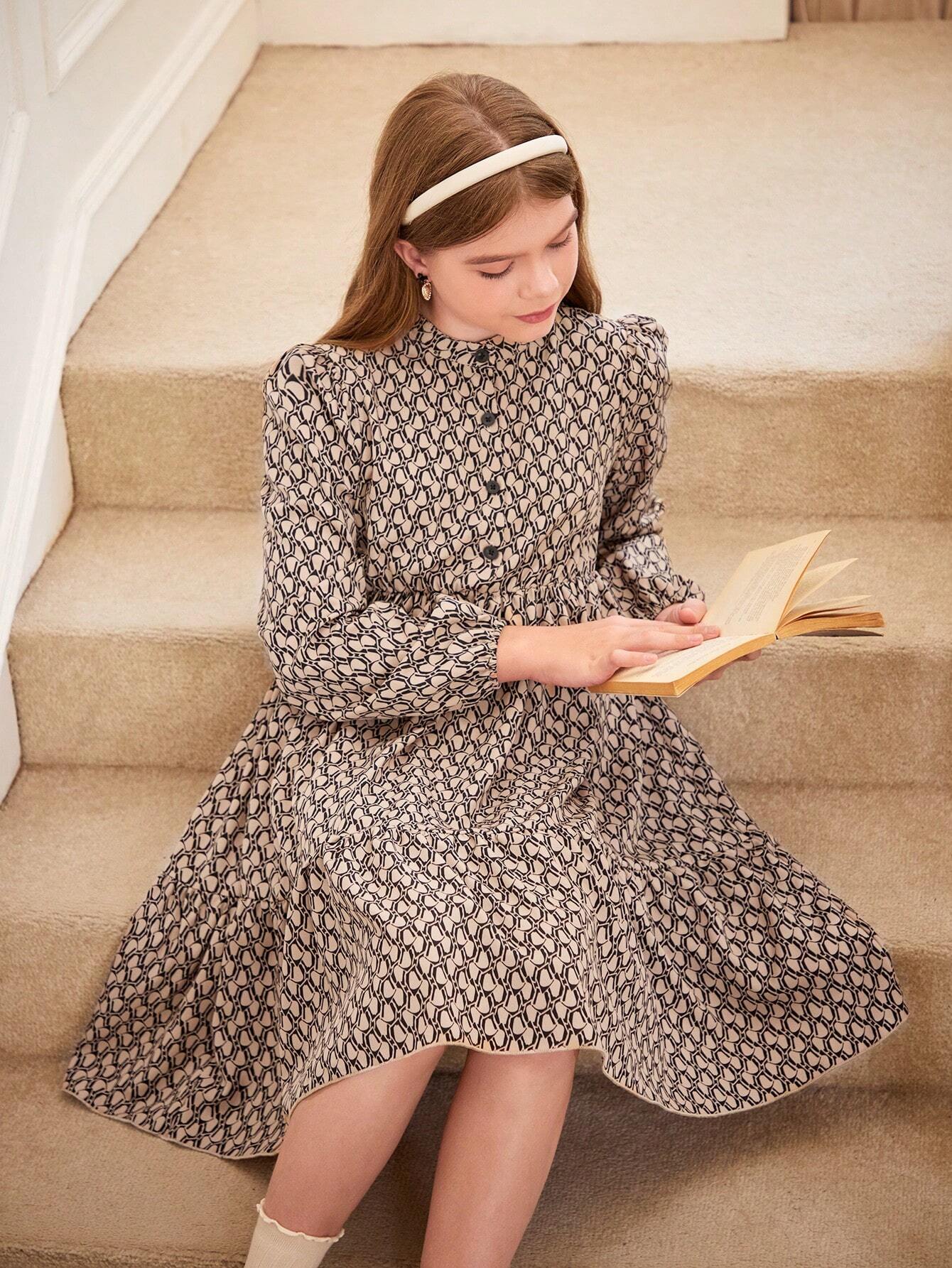Tween Girl Ditsy Floral Puff Sleeve Long Sleeve Holiday Dress Without Belt