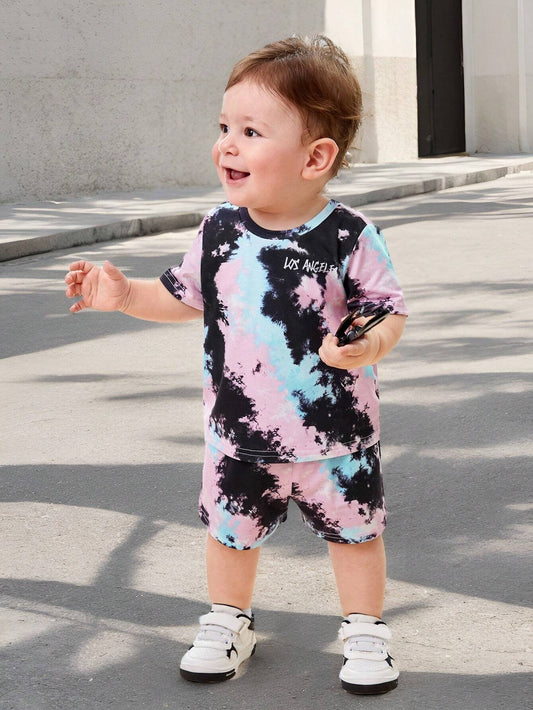 Baby Boy Casual Tie Dye Printed Short Sleeve Top And Elastic Waist Shorts Set Multicolor