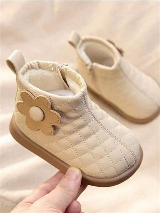 Toddler Girls Floral Design Plush-Lined Soft Leather Anti-Slip Short Boots Beige