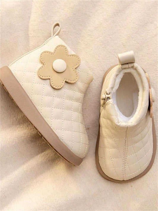 Toddler Girls Floral Design Plush-Lined Soft Leather Anti-Slip Short Boots