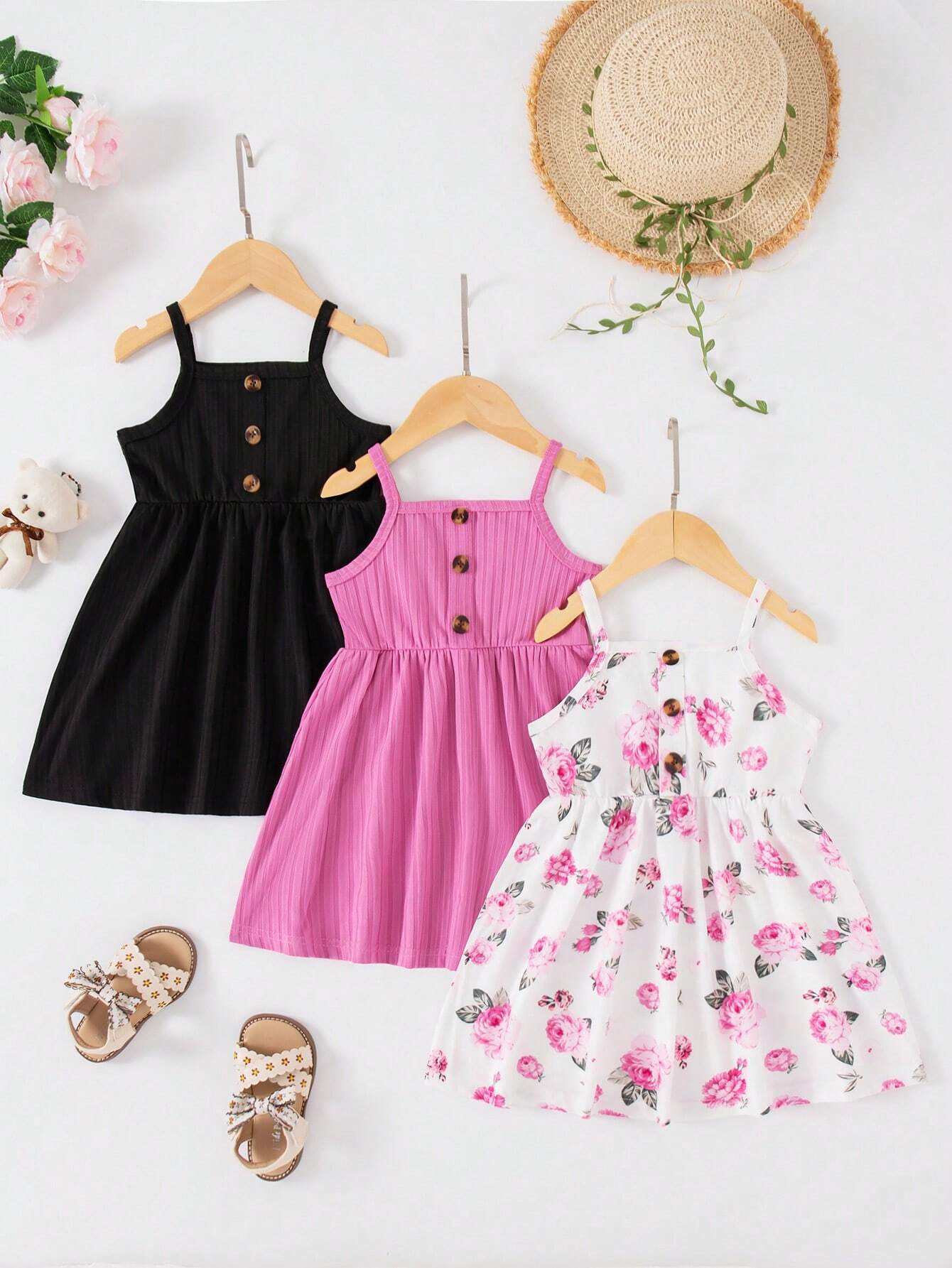3pcs Baby Girls Floral Print Solid Ribbed Button Camisole Dress Set Hot Pink