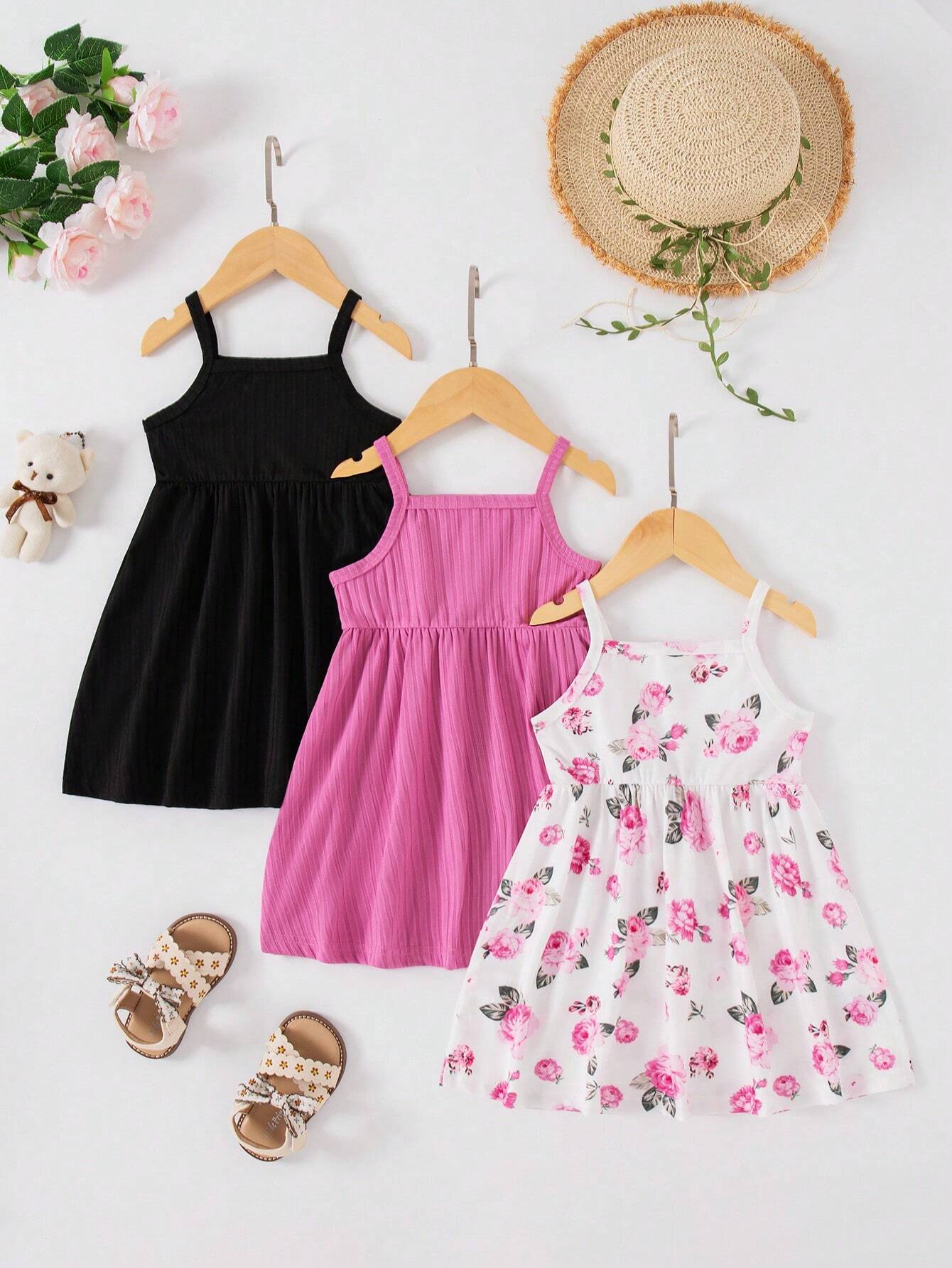 3pcs Baby Girls Floral Print Solid Ribbed Button Camisole Dress Set