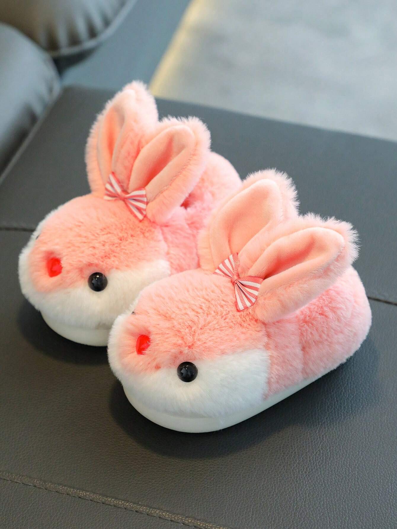 1pair Girls Rabbit Plush Flat Cute Children Indoor Slippers Baby Pink