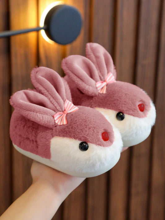 1pair Girls Rabbit Plush Flat Cute Children Indoor Slippers Dusty Pink