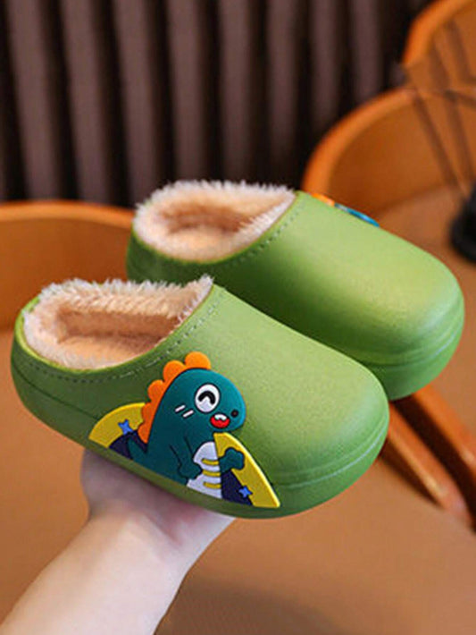 1 Pair Kids Cartoon Green Thermal Lined Anti-Slip Water-Resistant Warm House Slippers Green