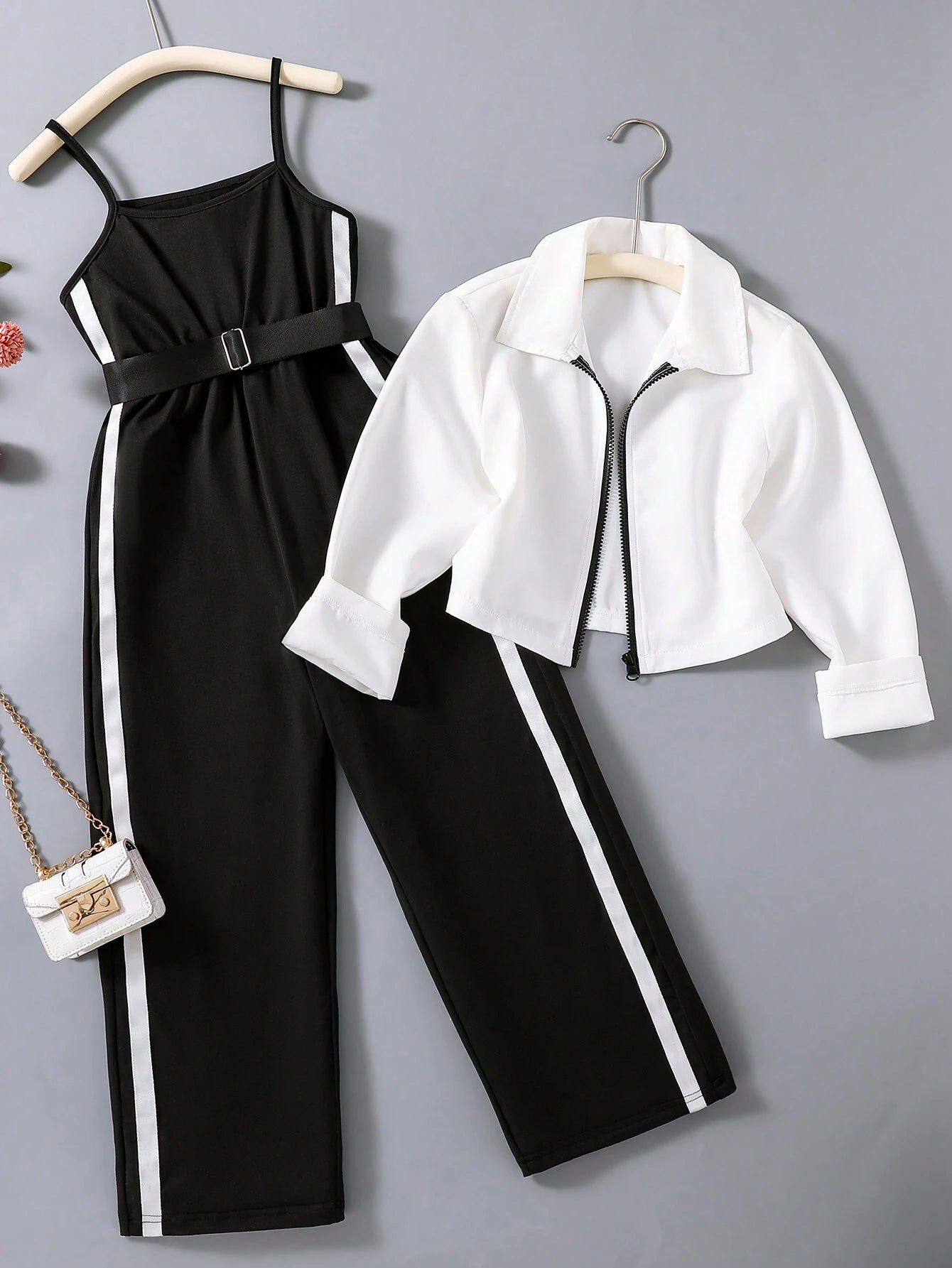 Contrast Zip Up Loose Long Sleeve Shirt And Suspender Waist Jumpsuit Set Black & White 8Y
