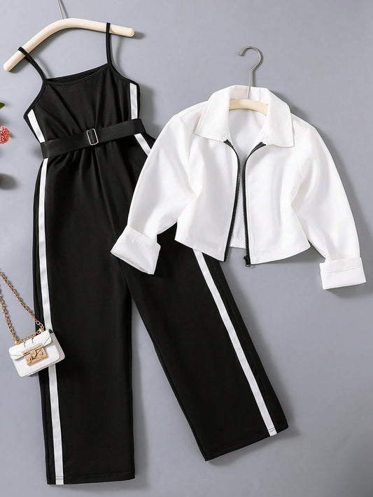 Contrast Zip Up Loose Long Sleeve Shirt And Suspender Waist Jumpsuit Set Black & White 8Y