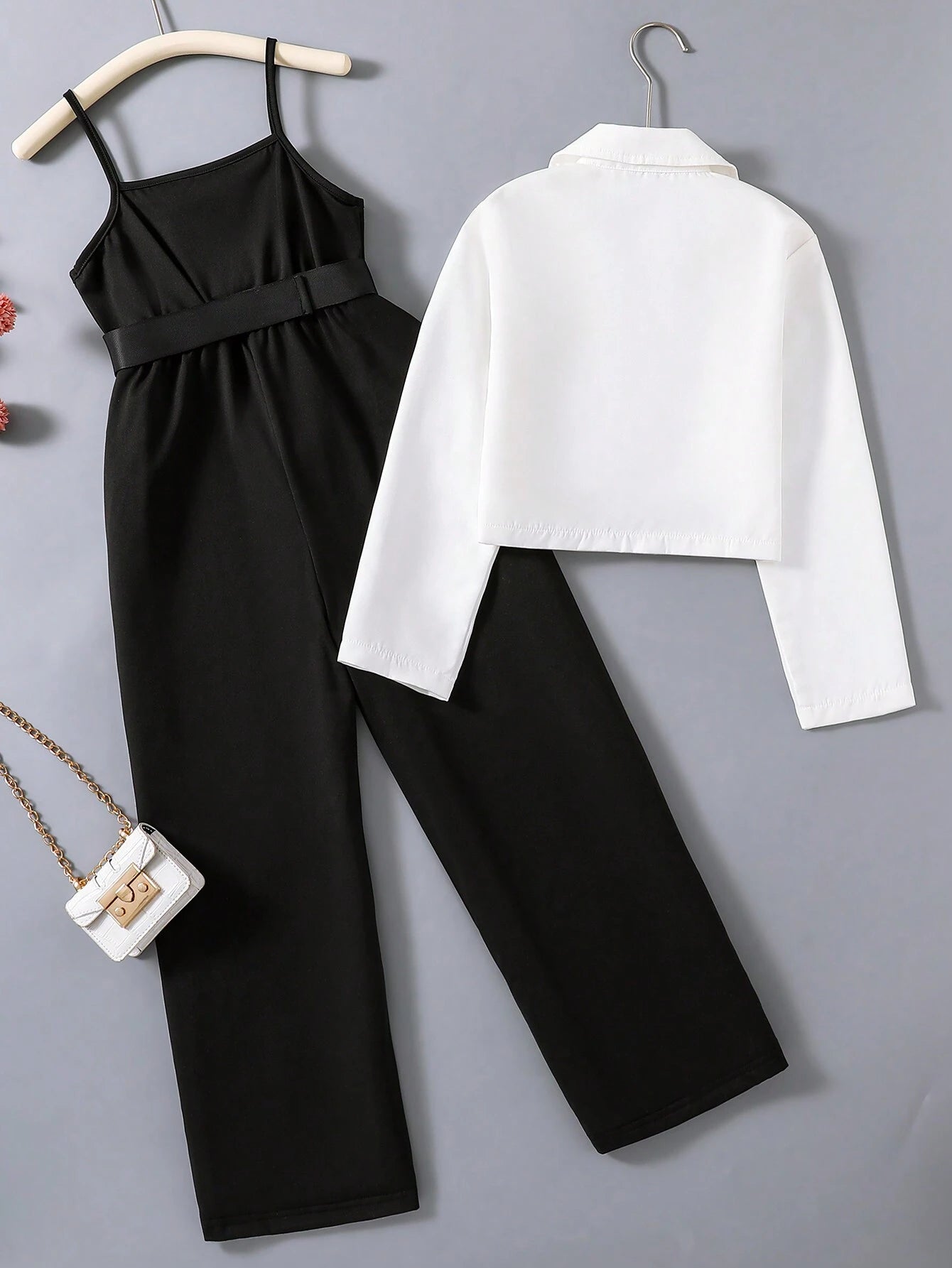 Contrast Zip Up Loose Long Sleeve Shirt And Suspender Waist Jumpsuit Set