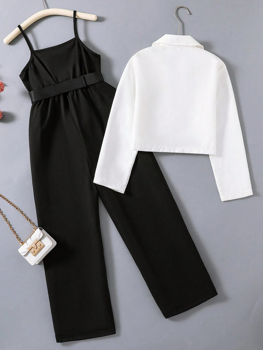Contrast Zip Up Loose Long Sleeve Shirt And Suspender Waist Jumpsuit Set