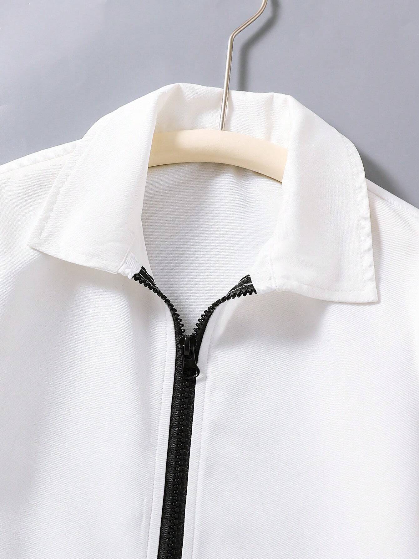Contrast Zip Up Loose Long Sleeve Shirt And Suspender Waist Jumpsuit Set
