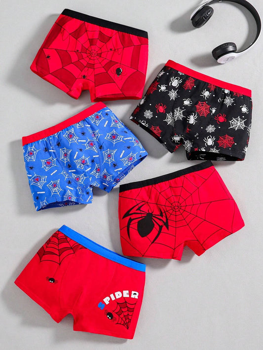 5pcs/Pack Young Boy Cotton Spider Print Breathable Briefs Multicolor