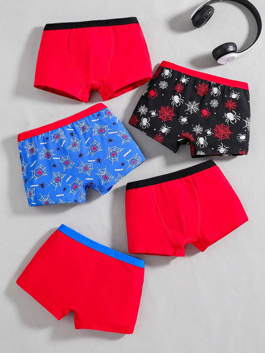 5pcs/Pack Young Boy Cotton Spider Print Breathable Briefs