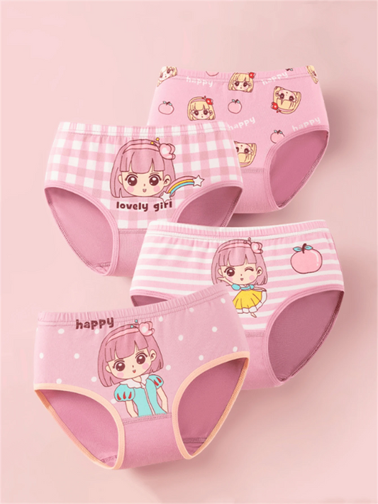4pcs Pack Tween Girl Cartoon Girl & Stripe Printed Cute Bikini Panties Multicolor