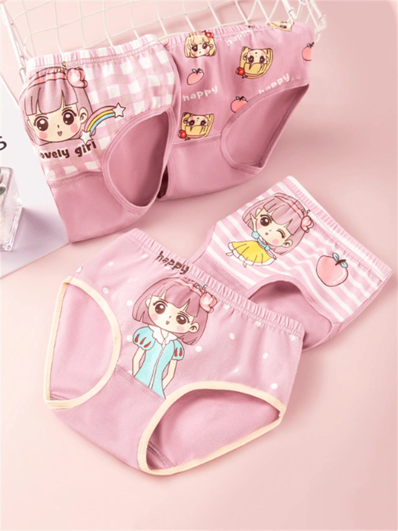 4pcs Pack Tween Girl Cartoon Girl & Stripe Printed Cute Bikini Panties