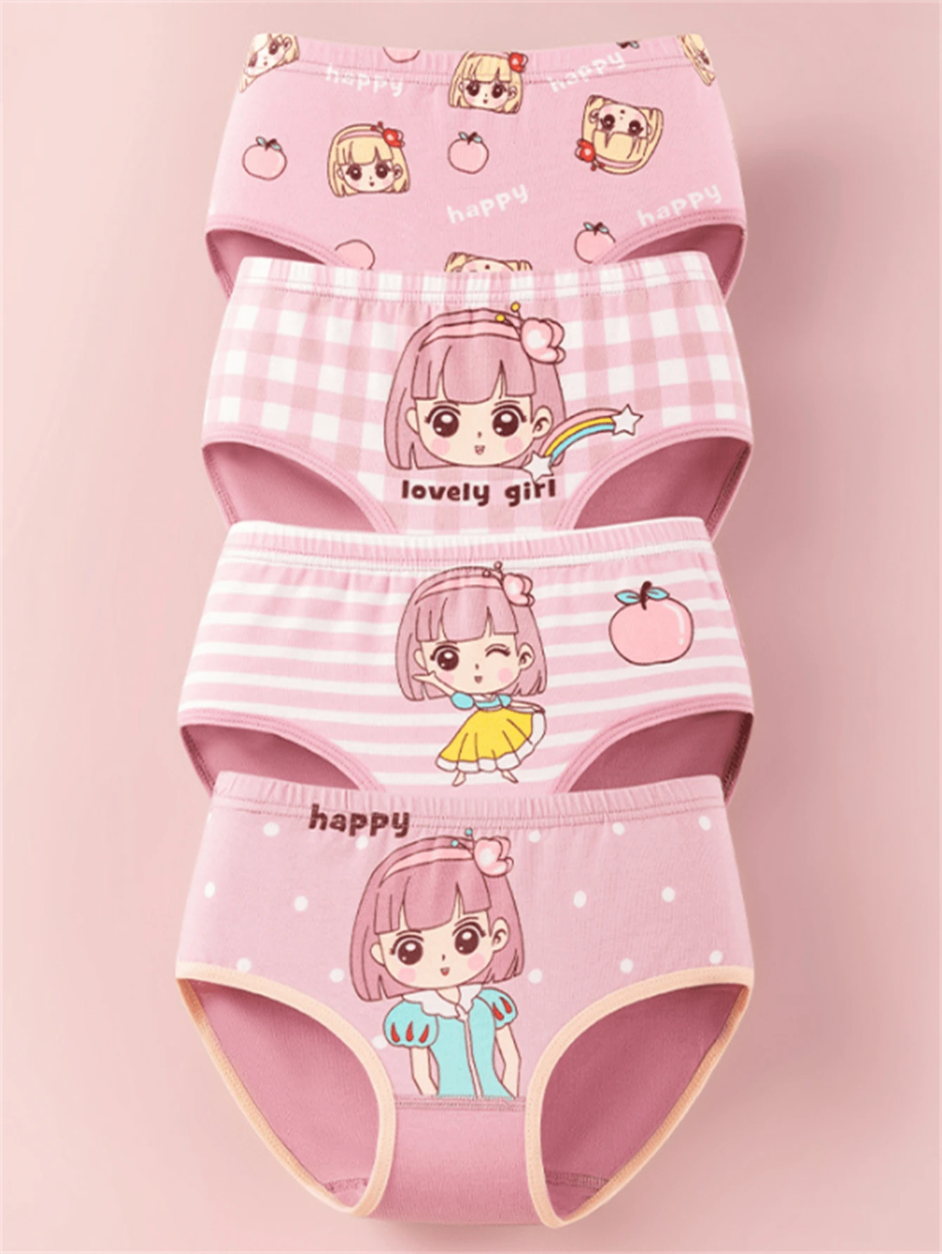 4pcs Pack Tween Girl Cartoon Girl & Stripe Printed Cute Bikini Panties