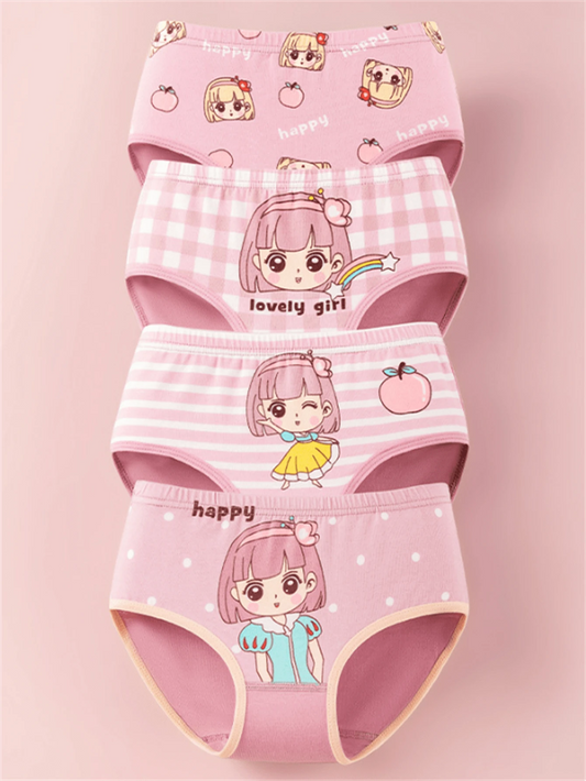 4pcs Pack Tween Girl Cartoon Girl & Stripe Printed Cute Bikini Panties