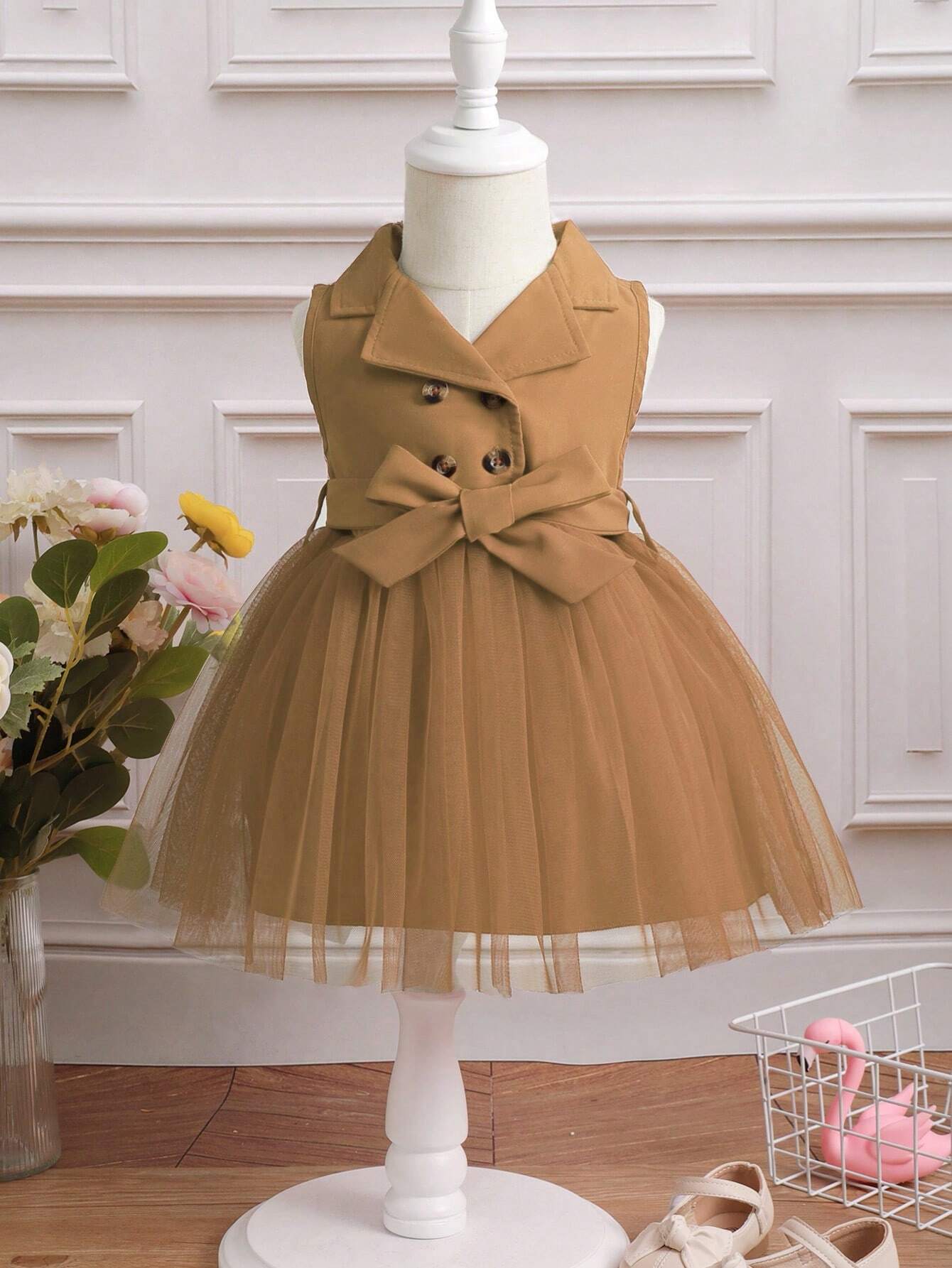 Baby Girl Double Button Mesh Hem Belted Dress Brown