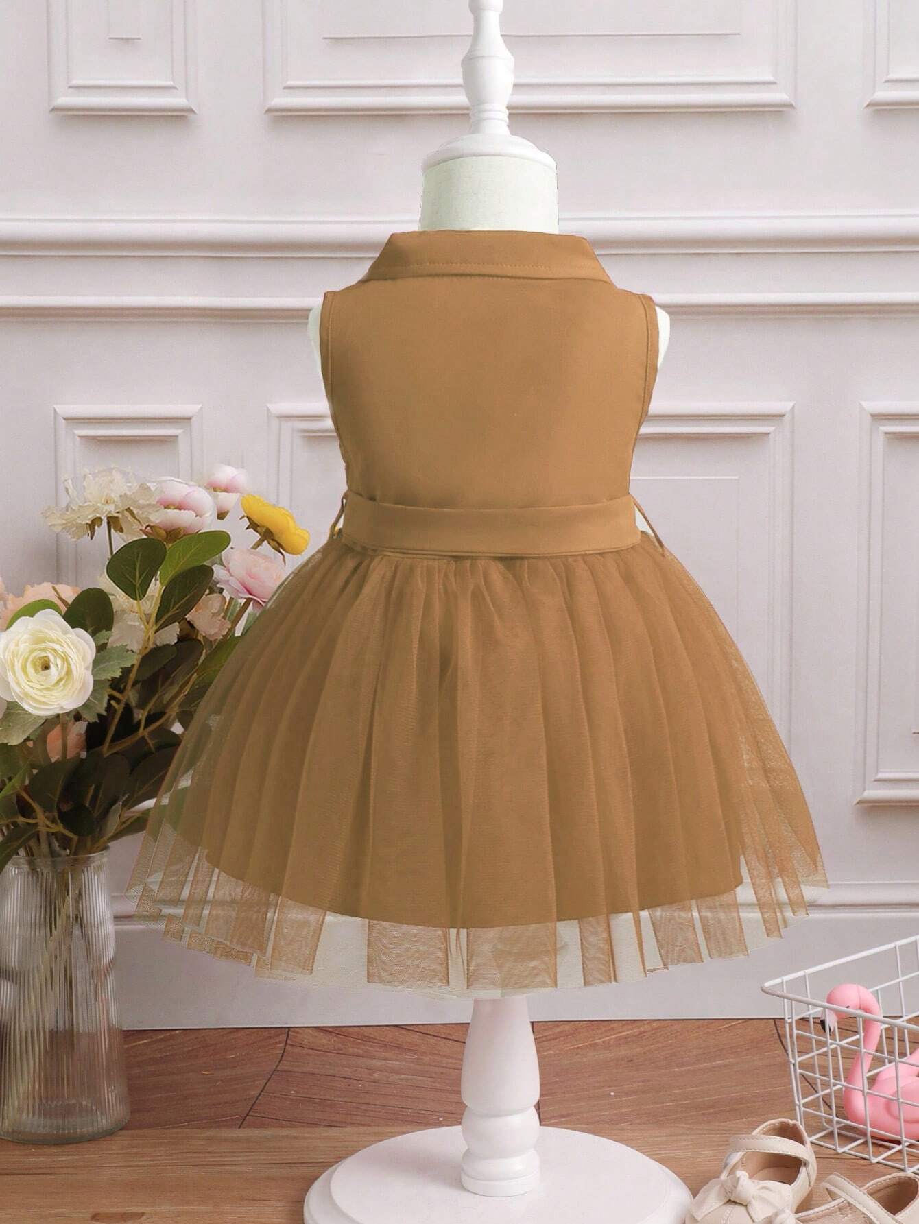 Baby Girl Double Button Mesh Hem Belted Dress