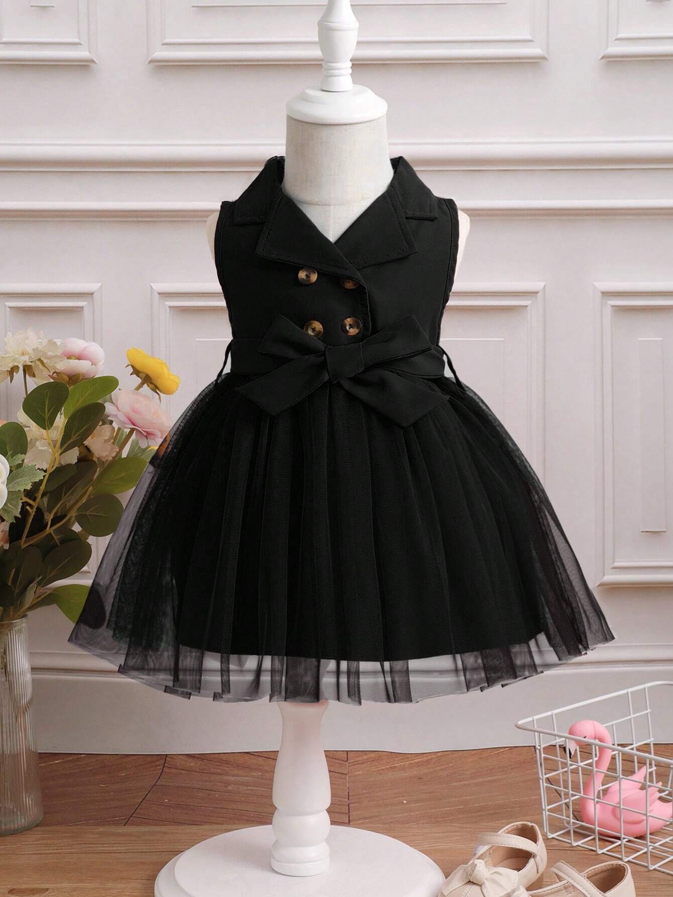 Baby Girl Double Button Mesh Hem Belted Dress Black